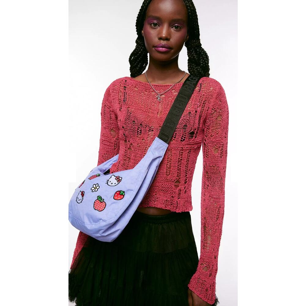 BAGGU X Hello Kitty Medium Nylon Crescent Crossbody Bag Periwinkle TikTok Viral